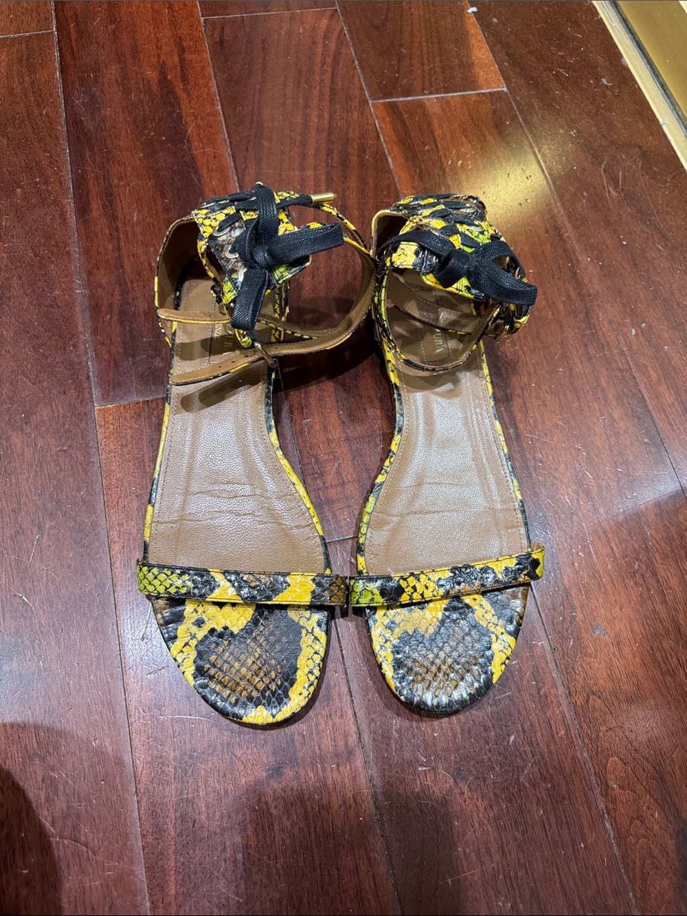 Aquazzura Yellow and Black Snake-Print Ankle-Tie Sandals